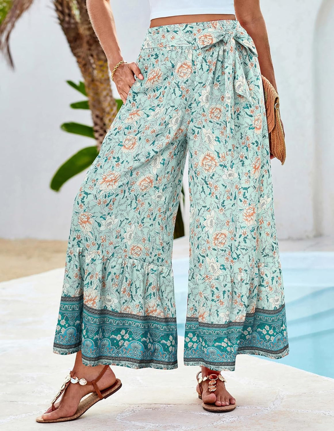 Zainab Pantalon Femme Palazzo Bohème Coupe Large Fluide, Taille Haute Élastique Été, vue 4