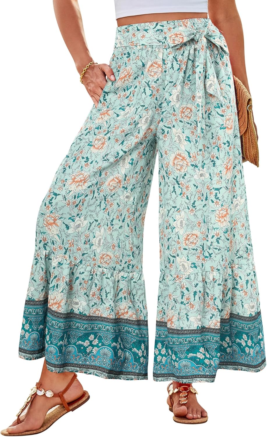 Zainab Pantalon Femme Palazzo Bohème Coupe Large Fluide, Taille Haute Élastique Été, vue 3