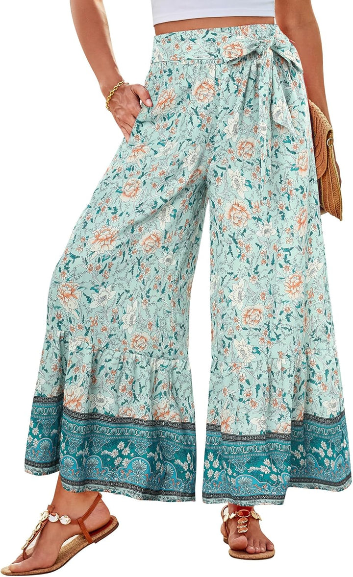 Zainab Pantalon Femme Palazzo Bohème Coupe Large Fluide, Taille Haute Élastique Été, vue 3