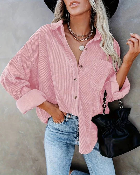 Ainsley Chemise Femme Chemise Vintage Décontractée en Velours Côtelé Doux avec Poche Poitrine, vue 2