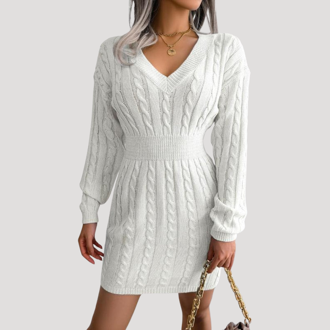 Robe Midi Femme en Maille Coupe Évasée Manches Longues