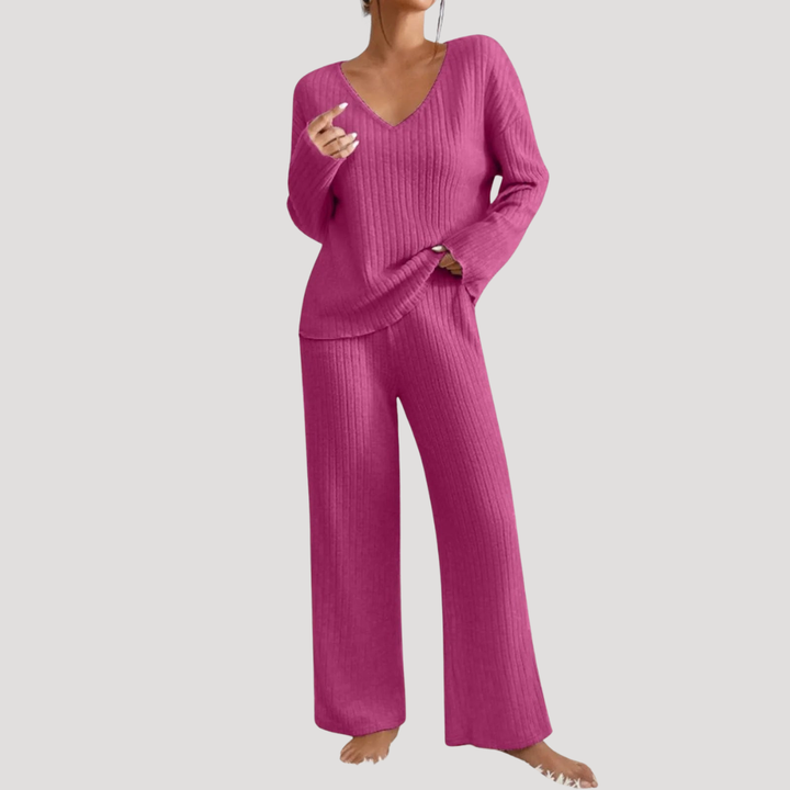 Ensemble Femme en Maille Col V et Pantalon Large