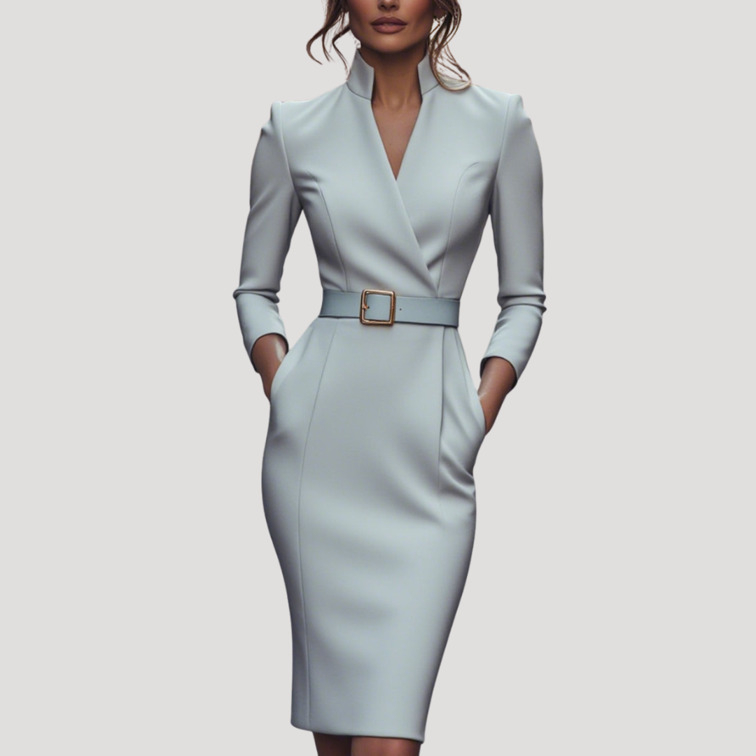 Robe Midi Femme de Bureau Col V Ajustée
