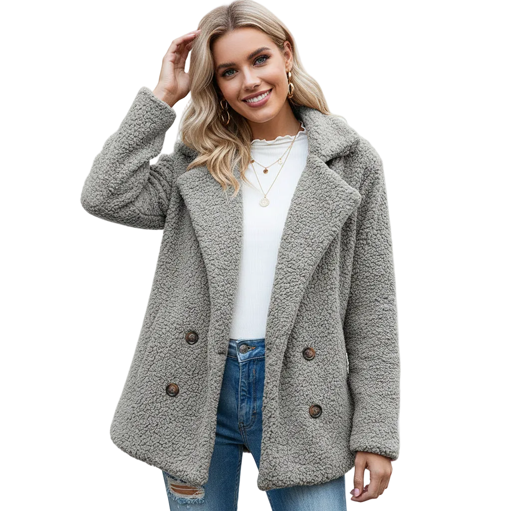 Alina Manteau Teddy Femme Veste Réversible Douce avec Col Revers et Fermeture à Boutons