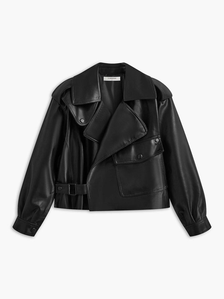 Sixtine Veste biker en simili cuir noir – coupe cropped asymétrique élégante Femme