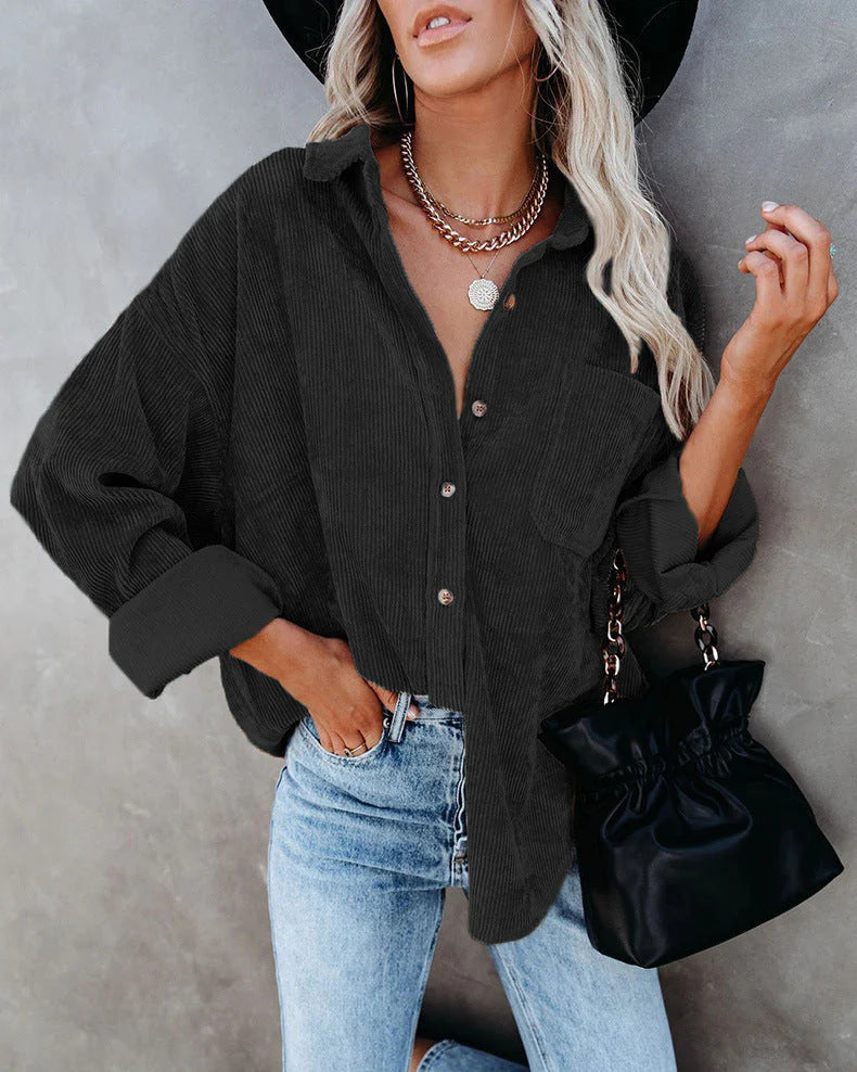 Ainsley Chemise Femme Chemise Vintage Décontractée en Velours Côtelé Doux avec Poche Poitrine, vue 5