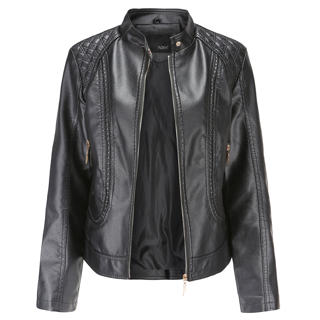 Janiyah Veste Femme en Cuir Col Montant Chic, Fermetures Éclair & Style Moderne Élégant