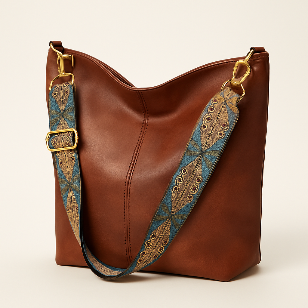 Caroline Sac Seau Femme Cuir Vegan Lisse avec Bandoulière Brodée & Style Bohème Chic, vue 2