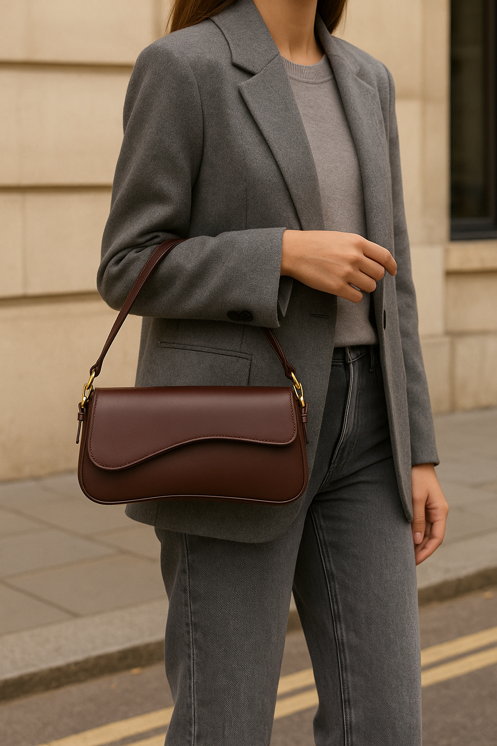 Hadley Sac Baguette Femme Cuir Vegan Lisse avec Silhouette Asymétrique & Détails Dorés Élégants, vue 4