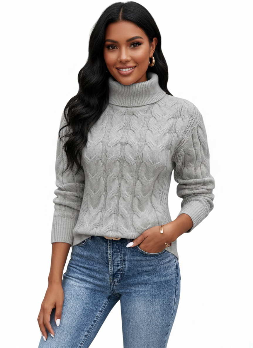 Chelsey Pull Col Femme Maille Câblée Tricot Chaud Élégant avec Motif Classique