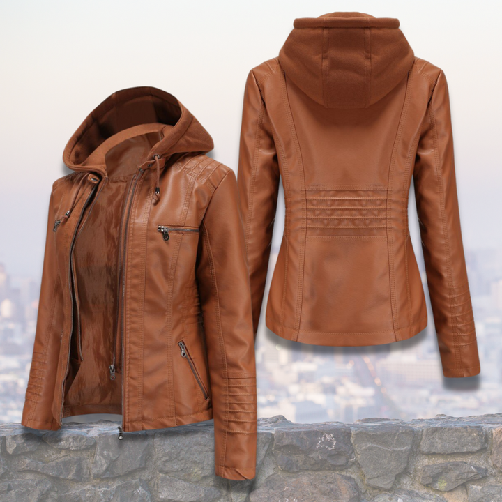 Xyla Veste Femme en Cuir Élégante avec Capuche, Fermeture Zippée & Poches Pratiques