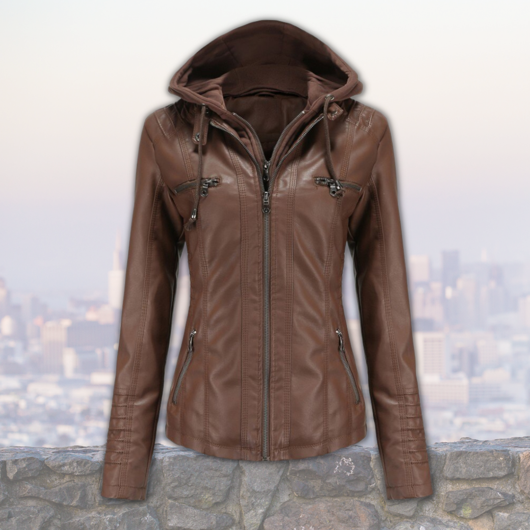 Xyla Veste Femme en Cuir Élégante avec Capuche, Fermeture Zippée & Poches Pratiques, vue 6