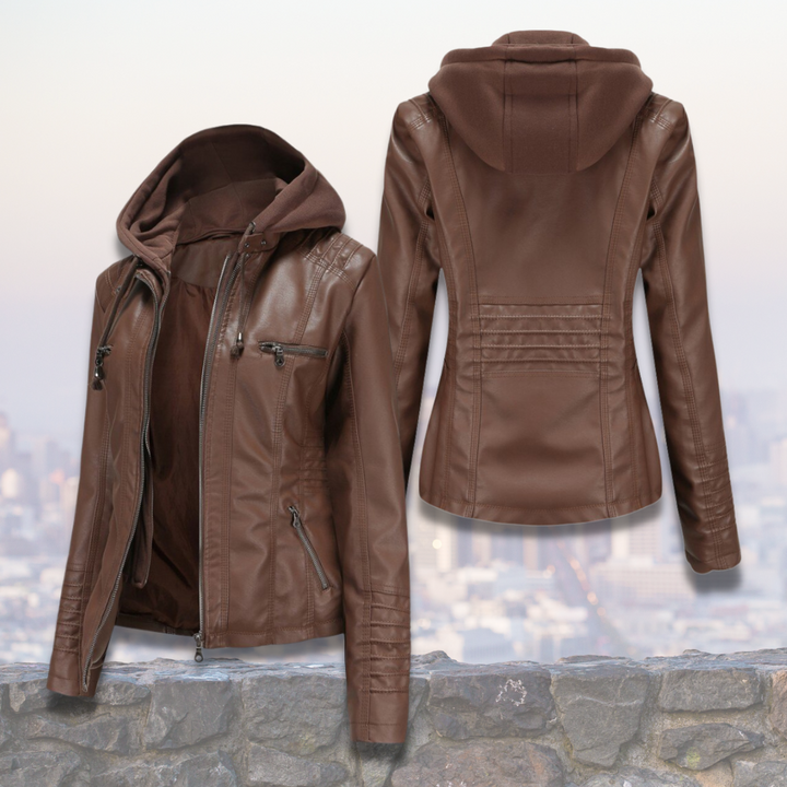 Xyla Veste Femme en Cuir Élégante avec Capuche, Fermeture Zippée & Poches Pratiques, vue 4