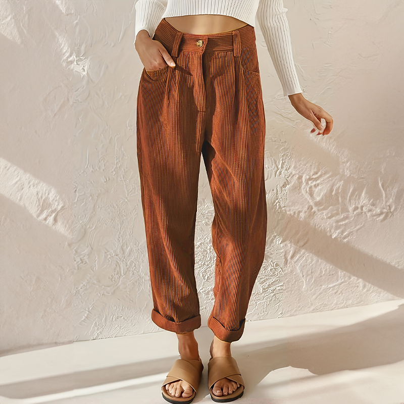 Lisette Pantalon Femme en Velours Côtelé Taille Haute Confortable & Jambes Amples Look Décontracté, vue 3