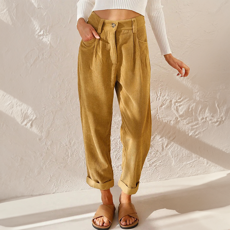 Lisette Pantalon Femme en Velours Côtelé Taille Haute Confortable & Jambes Amples Look Décontracté