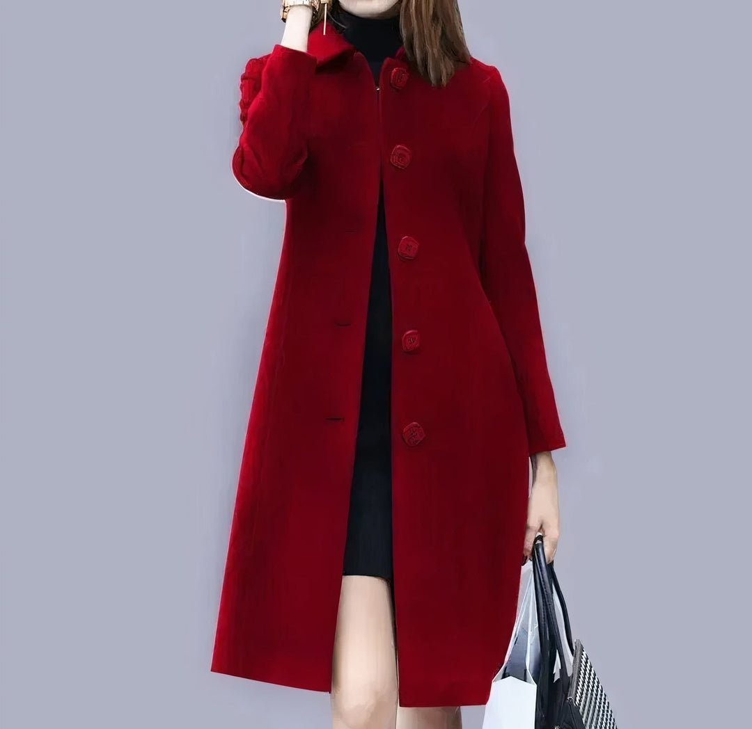 Analia Manteau Femme Élégant Long Classique avec Col Chic, Boutons & Coupe Confortable