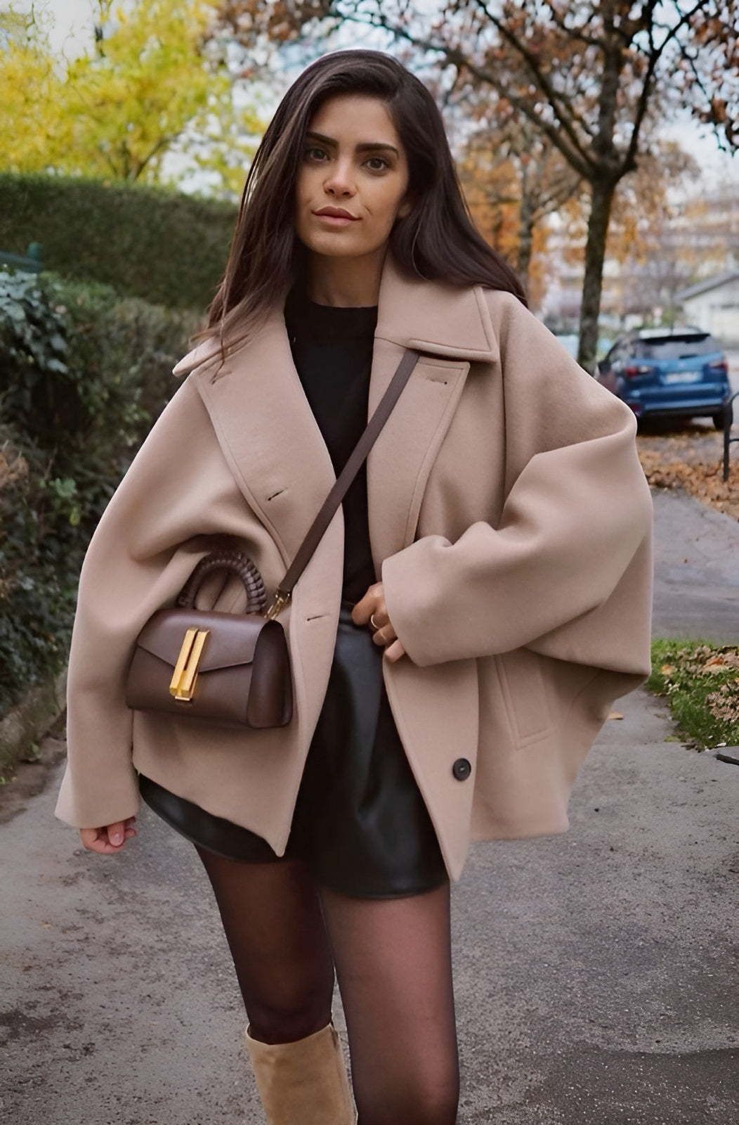 Aitana Manteau Femme en Laine Mélangée Design Minimaliste Oversize avec Larges Revers & Coupe Relaxée
