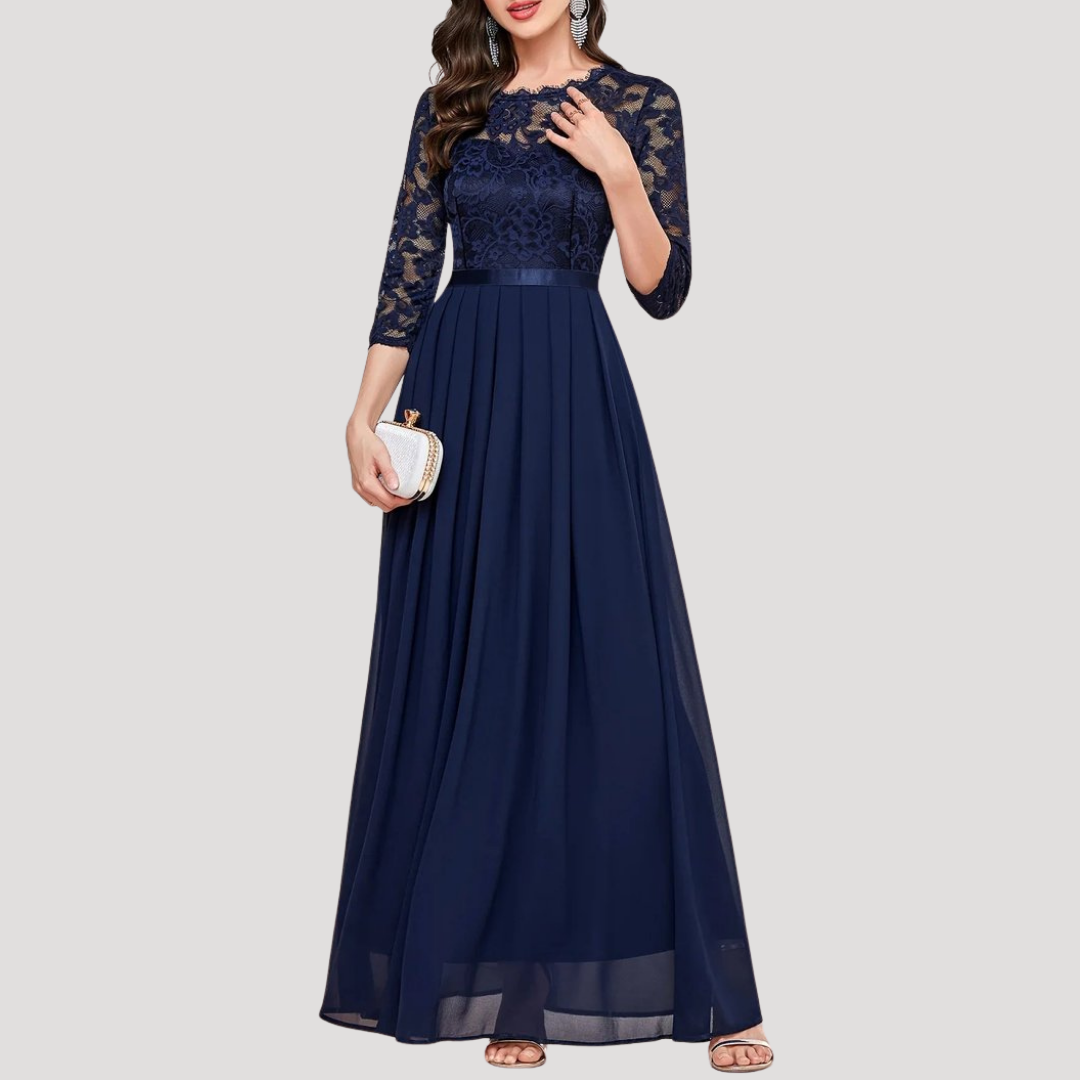 Robe Longue Femme Plissée avec Corsage en Dentelle et Manches 3/4