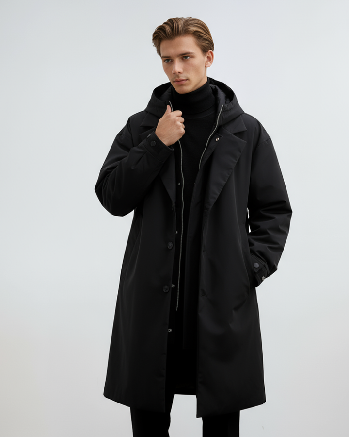 Kennington Trench-Coat Homme à Capuche Manteau Long Élégant avec Fermeture Zip et Boutons, vue 2