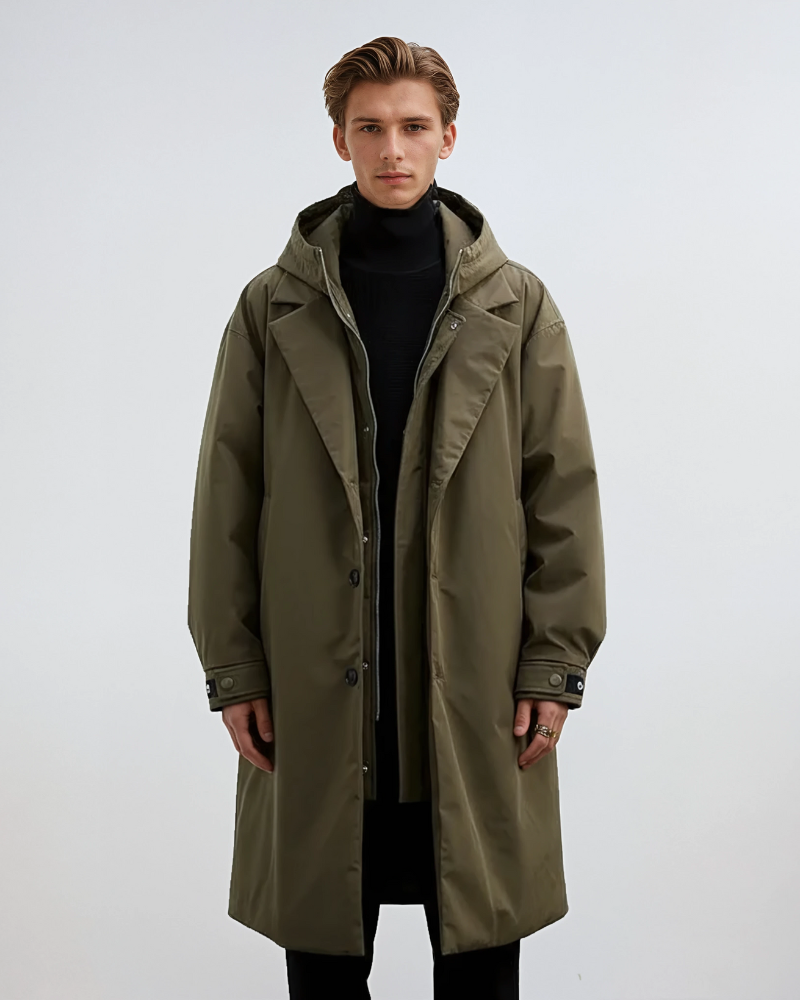 Kennington Trench-Coat Homme à Capuche Manteau Long Élégant avec Fermeture Zip et Boutons