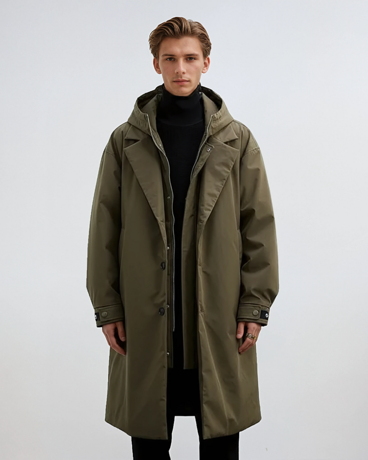 Kennington Trench-Coat Homme à Capuche Manteau Long Élégant avec Fermeture Zip et Boutons