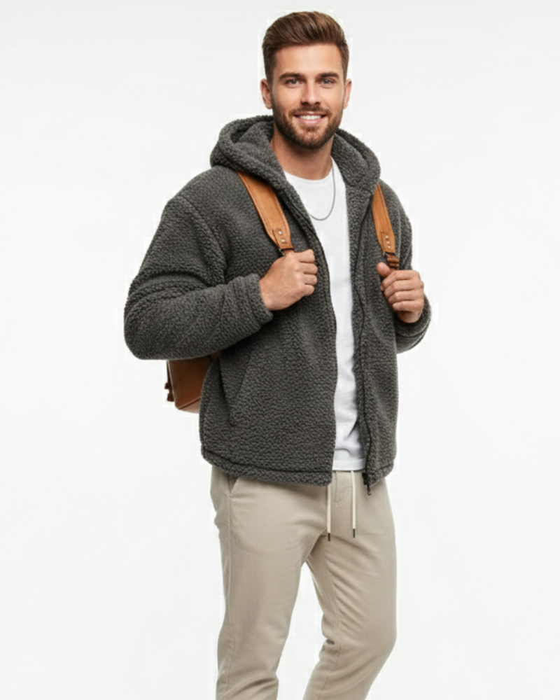 Lucio Veste Teddy Homme Fleece Chaud avec Capuche, Fermeture Zippée & Poches Sécurisées, vue 3