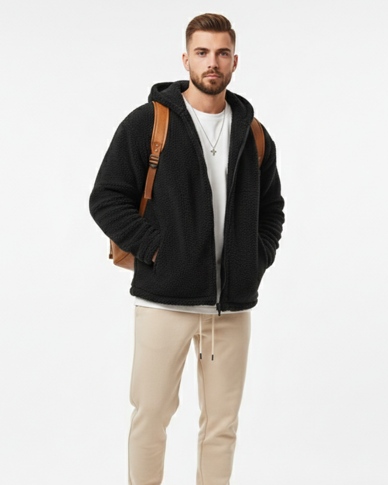 Lucio Veste Teddy Homme Fleece Chaud avec Capuche, Fermeture Zippée & Poches Sécurisées, vue 2