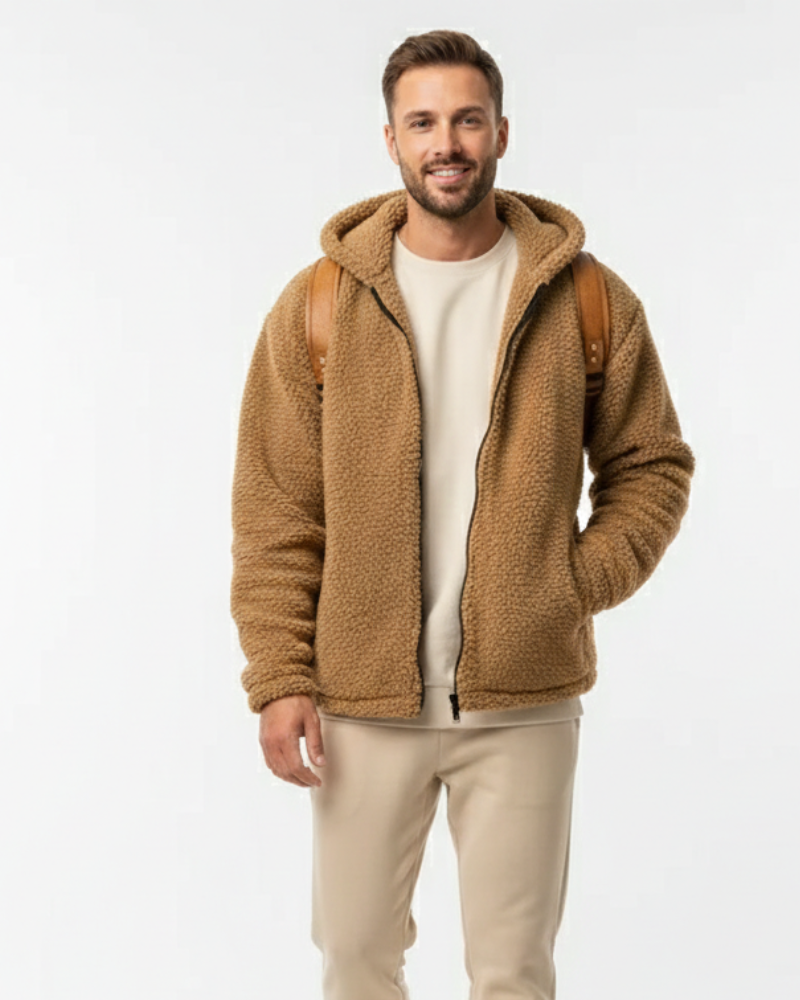 Lucio Veste Teddy Homme Fleece Chaud avec Capuche, Fermeture Zippée & Poches Sécurisées