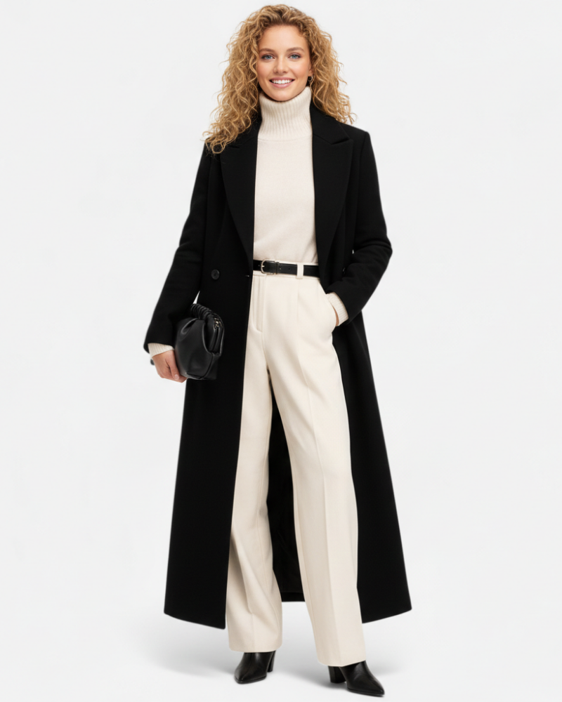 Isolde Manteau Long Noir Femme Coupe Élégante avec Col Revers Classique & Boutonnage Chic