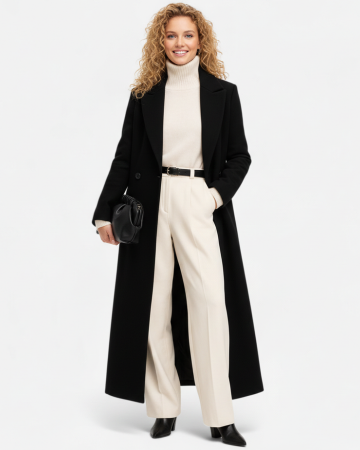 Isolde Manteau Long Noir Femme Coupe Élégante avec Col Revers Classique & Boutonnage Chic