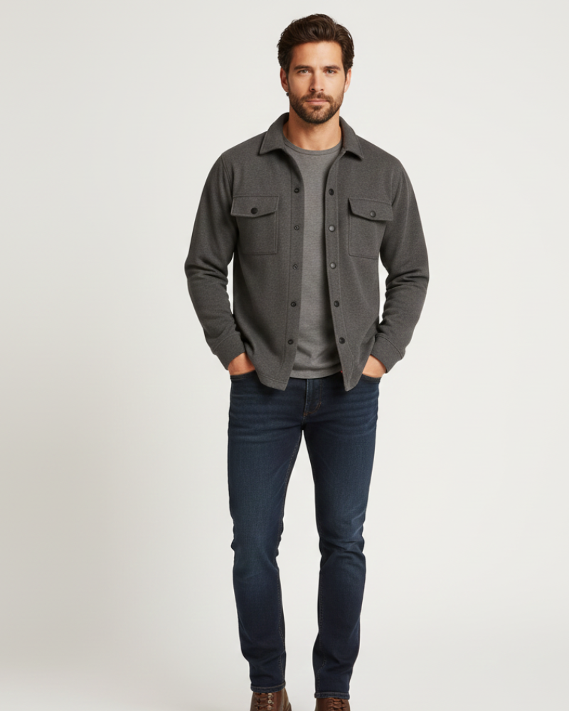 Noir Élan Overshirt Homme Veste Chemise Casual Chic en Coton Mélangé Coupe Regular, vue 3