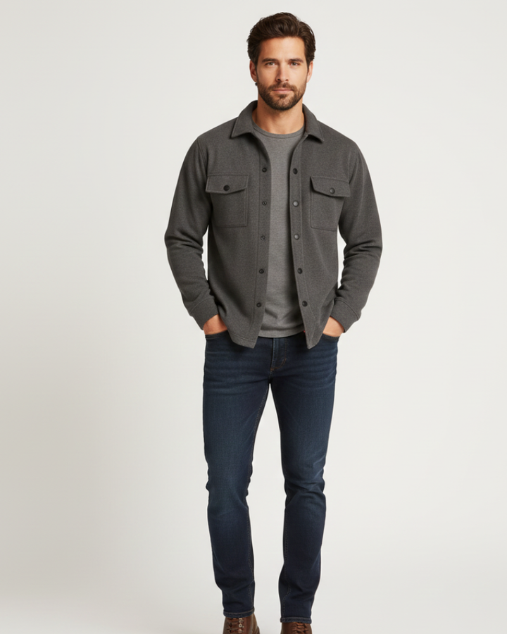 Noir Élan Overshirt Homme Veste Chemise Casual Chic en Coton Mélangé Coupe Regular, vue 3