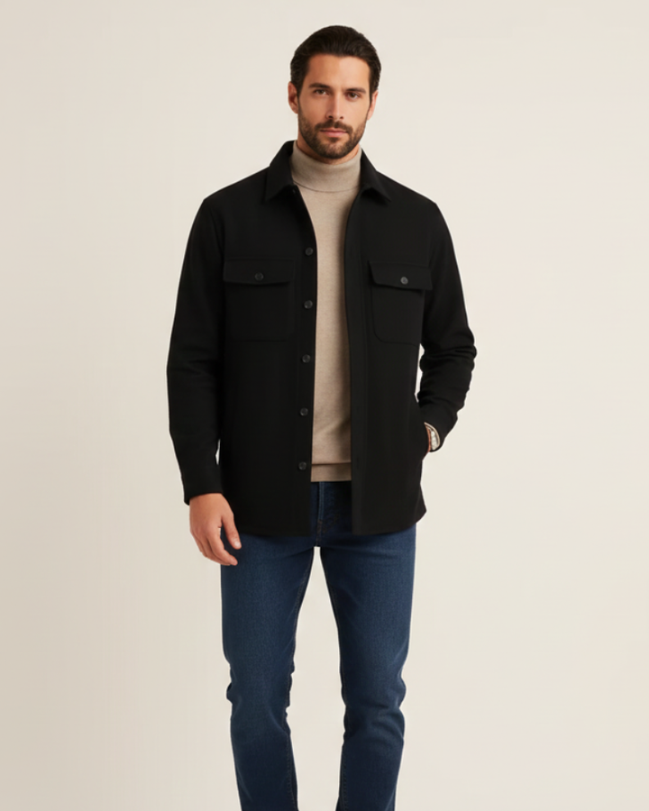 Noir Élan Overshirt Homme Veste Chemise Casual Chic en Coton Mélangé Coupe Regular, vue 2