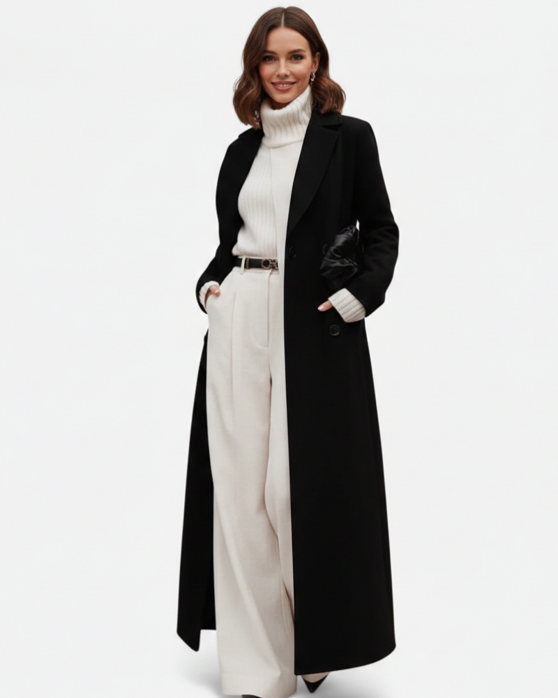 Isolde Manteau Long Noir Femme Coupe Élégante avec Col Revers Classique & Boutonnage Chic, vue 2