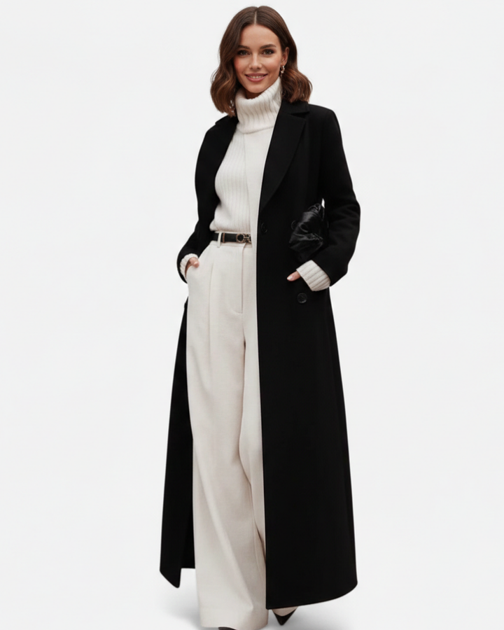 Isolde Manteau Long Noir Femme Coupe Élégante avec Col Revers Classique & Boutonnage Chic, vue 2