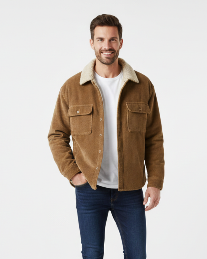 Ruben Veste Overshirt Homme Corduroy Doublé Fleece avec Boutons & Coupe Droite