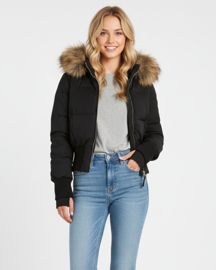 Gracie Manteau Matelassé Femme Veste Hiver Courte avec Capuche Amovible & Fausse Fourrure