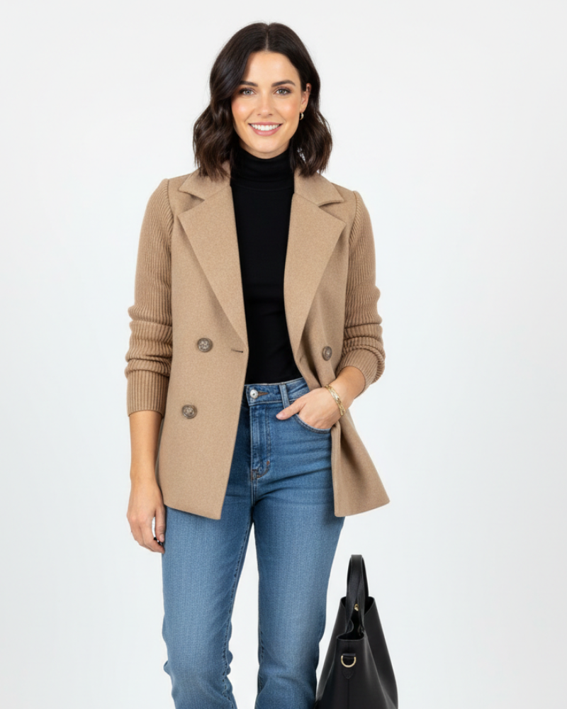 Charina Blazer Tricot Femme Veste Double Boutonnage avec Col Revers & Manches Longues