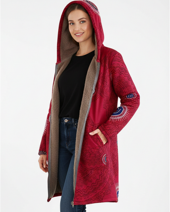 Naomi Parka Femme Chaude Bohème Manteau Doublé Sherpa avec Capuche & Motif Géométrique