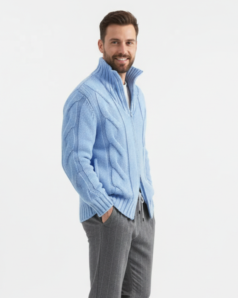 Doni Cardigan Homme Zippé Gilet Tricoté Uni avec Col Montant & Coupe Confort, vue 2