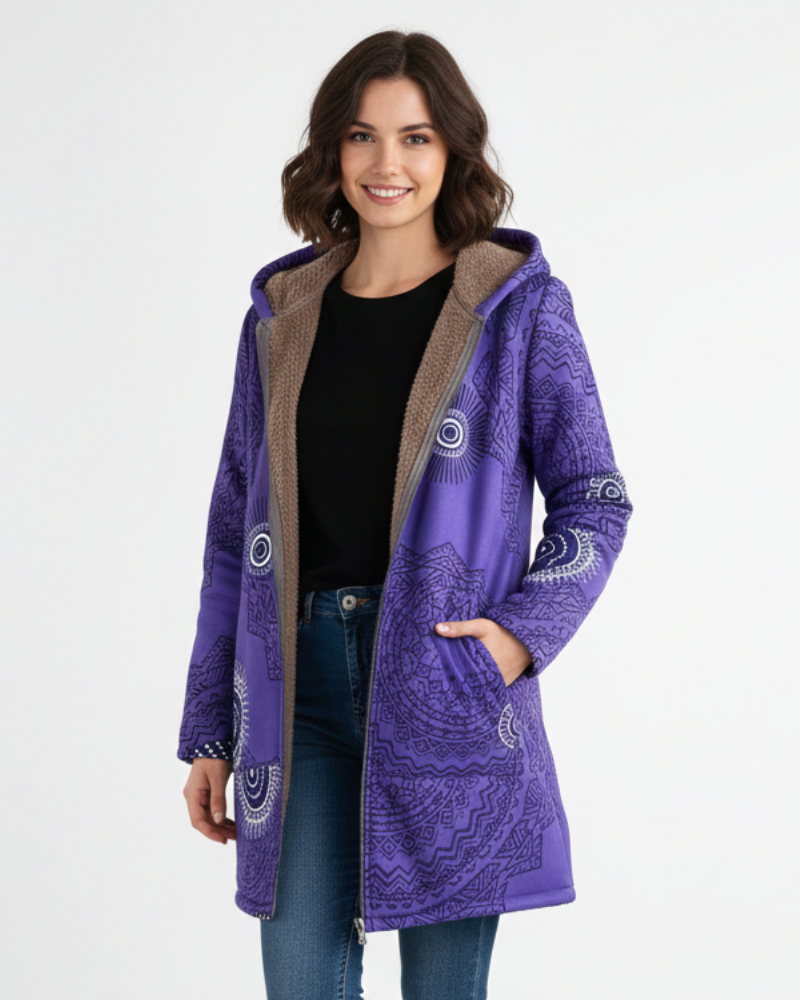 Naomi Parka Femme Chaude Bohème Manteau Doublé Sherpa avec Capuche & Motif Géométrique, vue 5
