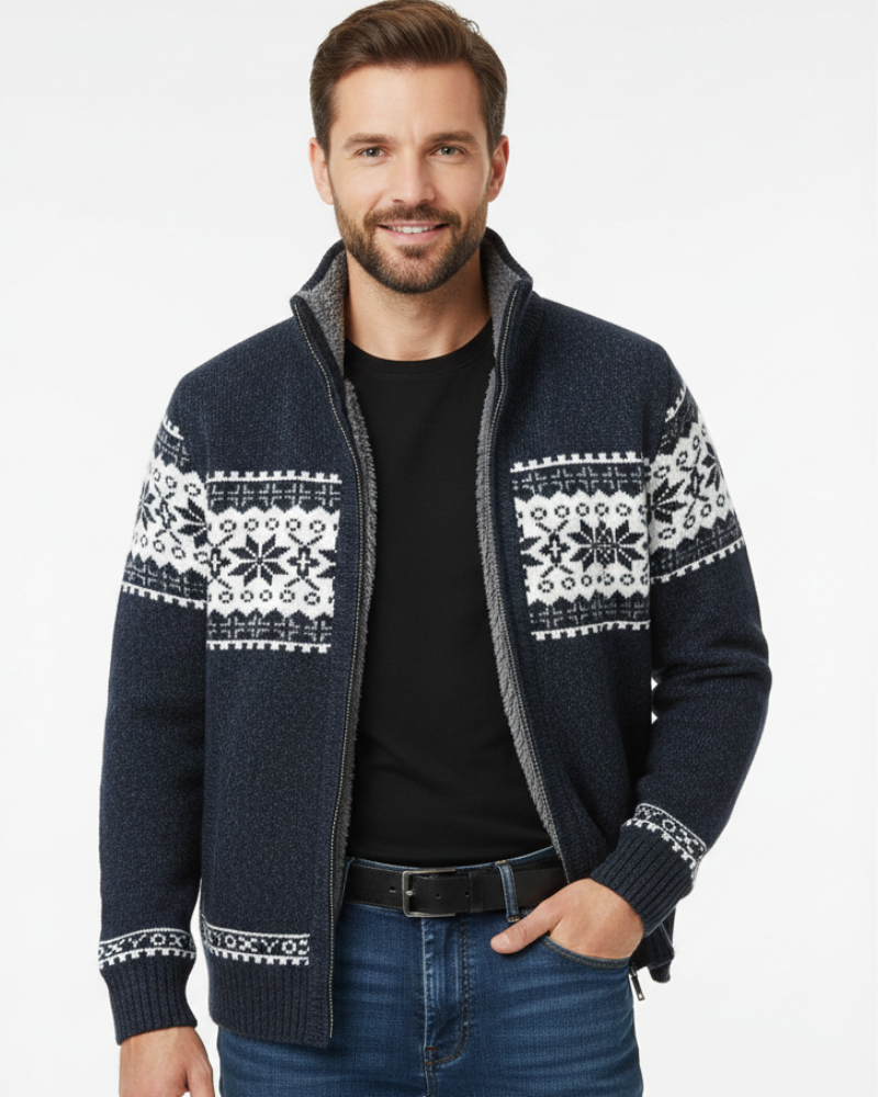 Moris Gilet Fleece Homme Veste Jacquard Hiver à Col Haut & Motifs Scandinaves