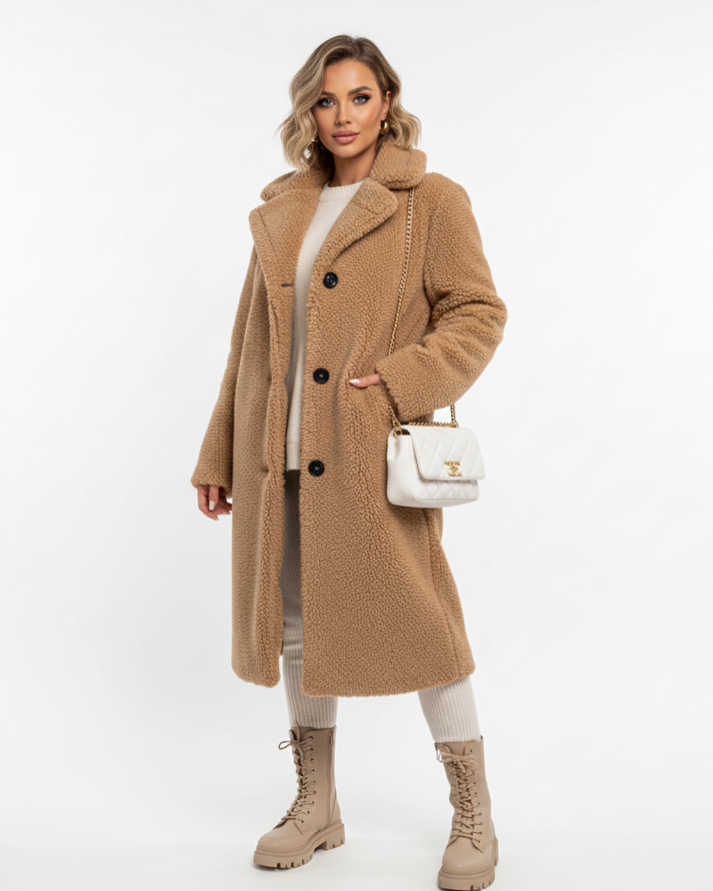 Ellen Manteau Teddy Long Femme Veste Chaude Beige à Coupe Élégante & Confort Doux, vue 3