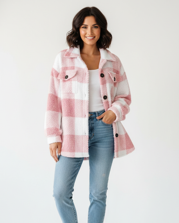 Ariana Veste d’Hiver Femme Veste Peluche à Carreaux Chaude & Décontractée