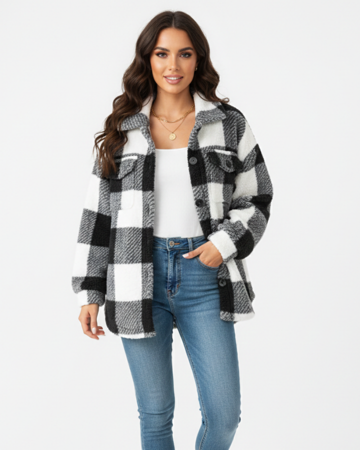 Ariana Veste d’Hiver Femme Veste Peluche à Carreaux Chaude & Décontractée, vue 6
