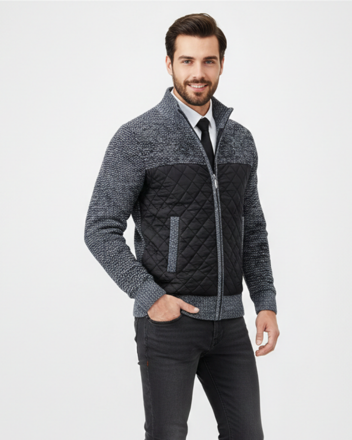 Adrian Cardigan Homme Zippé Panneaux Matelassés & Maille Fine avec Col Montant