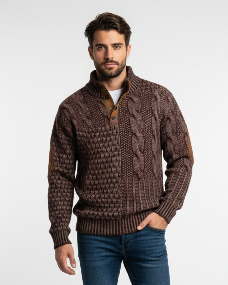 Aaron Pull Homme Patchwork Col Montant à Boutons & Détails Suédine Coupe Regular