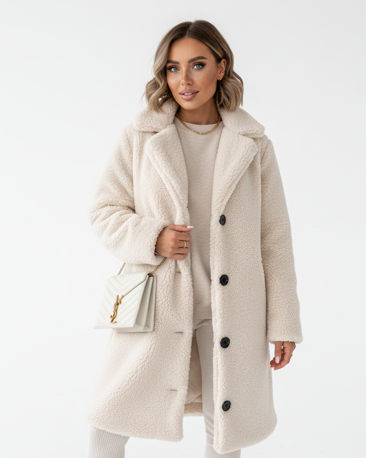 Ellen Manteau Teddy Long Femme Veste Chaude Beige à Coupe Élégante & Confort Doux