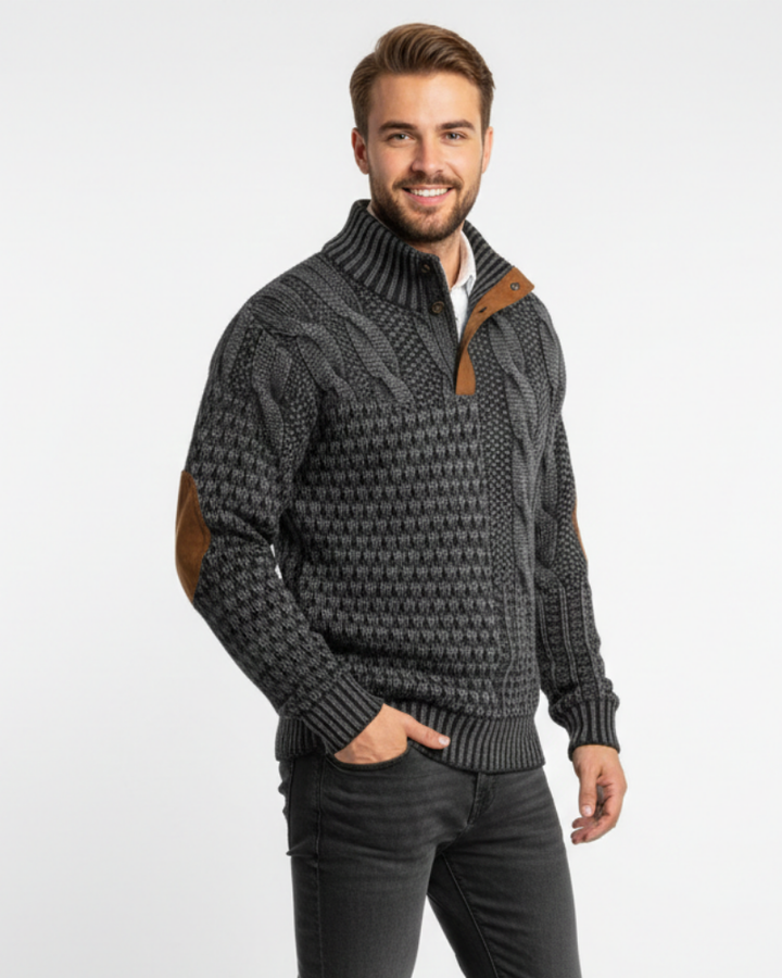 Aaron Pull Homme Patchwork Col Montant à Boutons & Détails Suédine Coupe Regular, vue 2