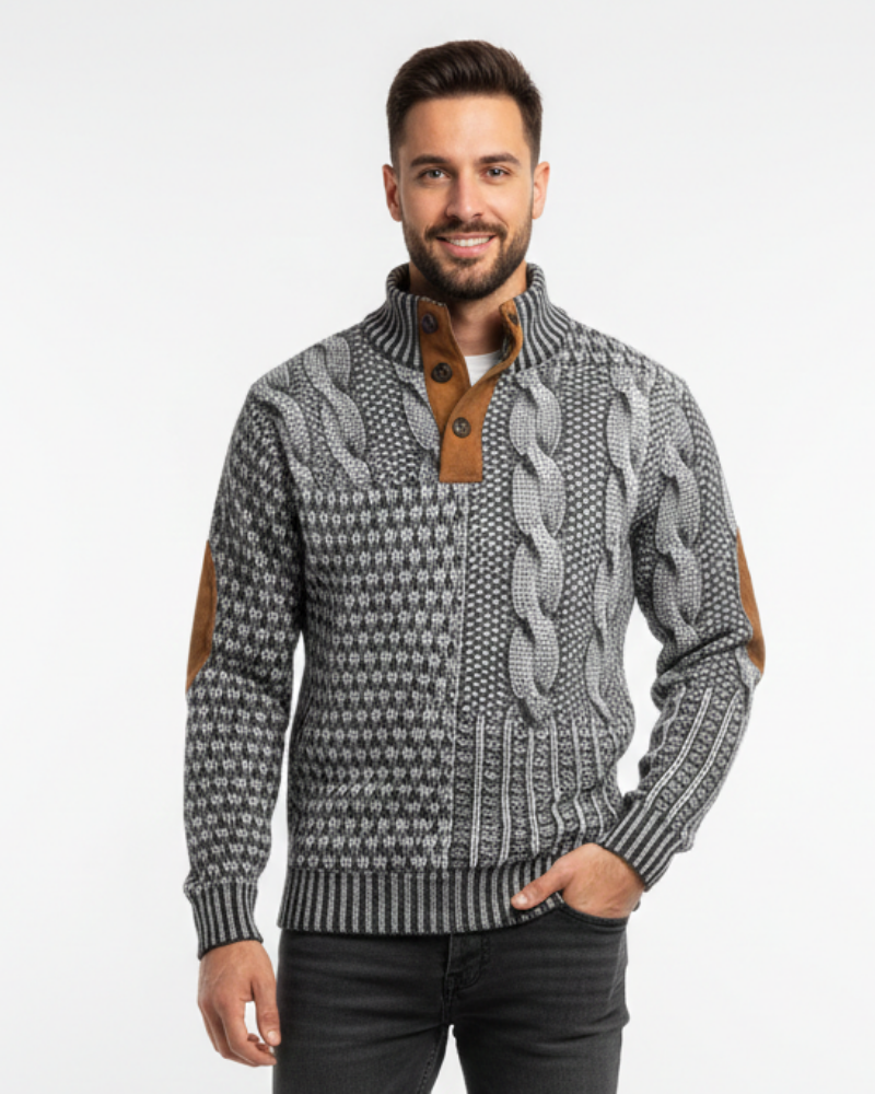 Aaron Pull Homme Patchwork Col Montant à Boutons & Détails Suédine Coupe Regular, vue 5